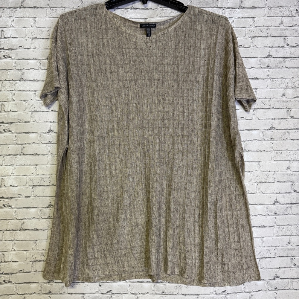 Eileen Fisher Short Sleeve Oversize Tunic Women SP Knit Linen Cotton Blend Beige